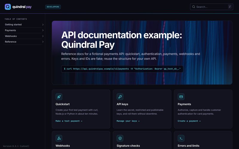 API reference example built in Docsie for Quindral Pay, a fictional company