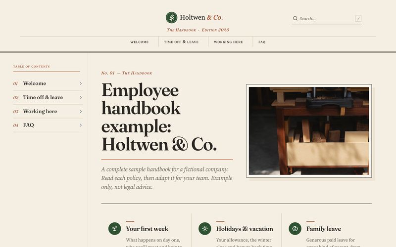 Employee handbook example built in Docsie for Holtwen & Co., a fictional company